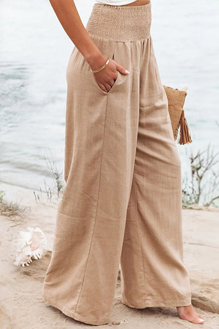 Linen Wide Leg Trousers High Waisted Smocked Waist