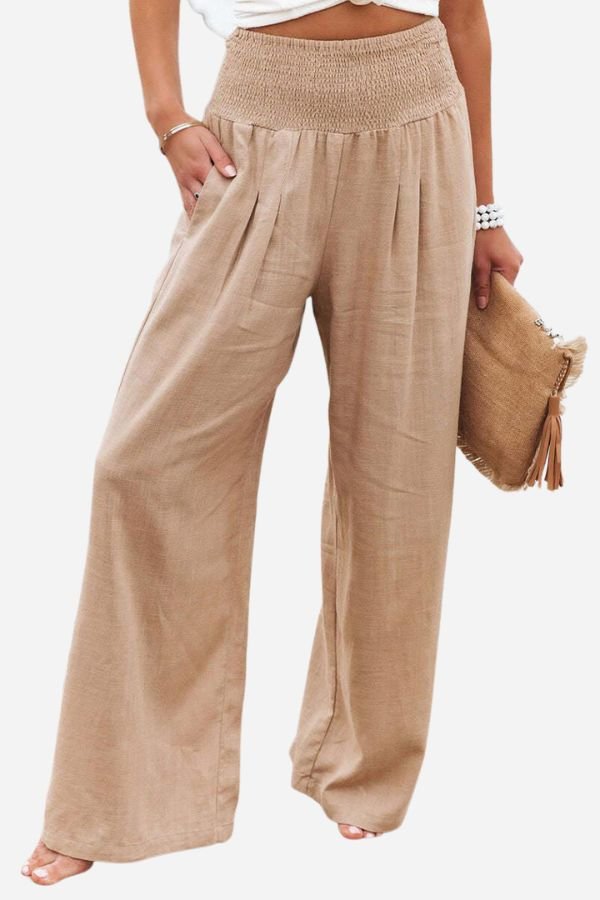 Linen Wide Leg Trousers High Waisted Smocked Waist - Khaki