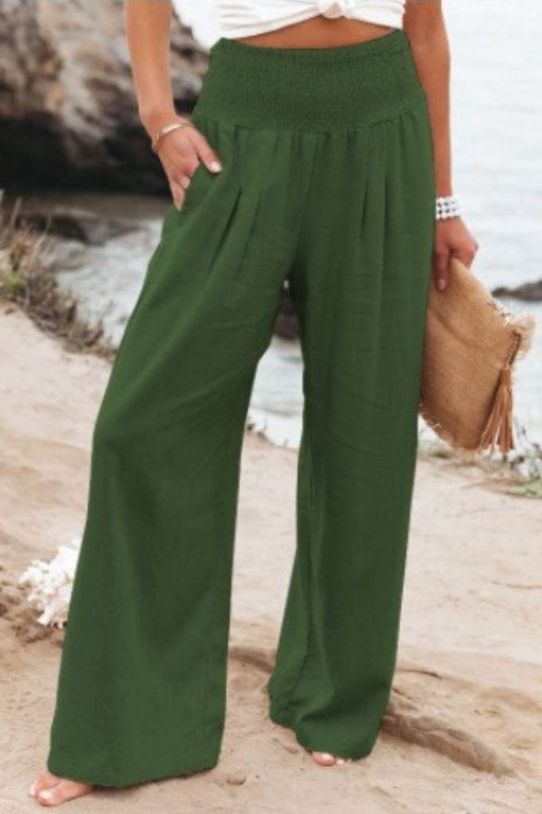 Linen Wide Leg Trousers High Waisted Smocked Waist - Army Green
