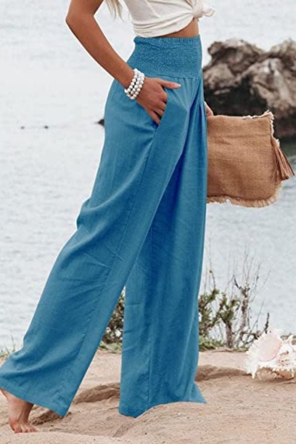 Linen Wide Leg Trousers High Waisted Smocked Waist - Peacock Blue