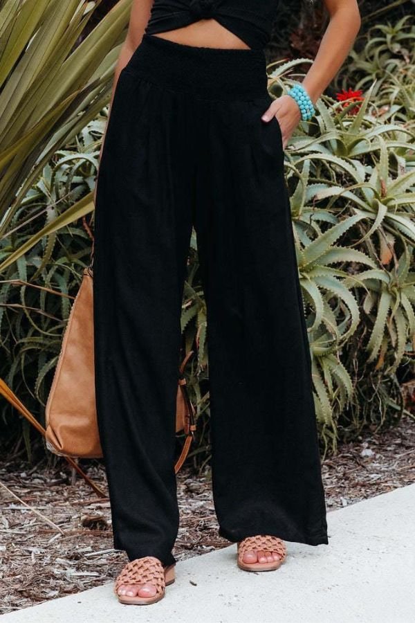 Linen Wide Leg Trousers High Waisted Smocked Waist - Black