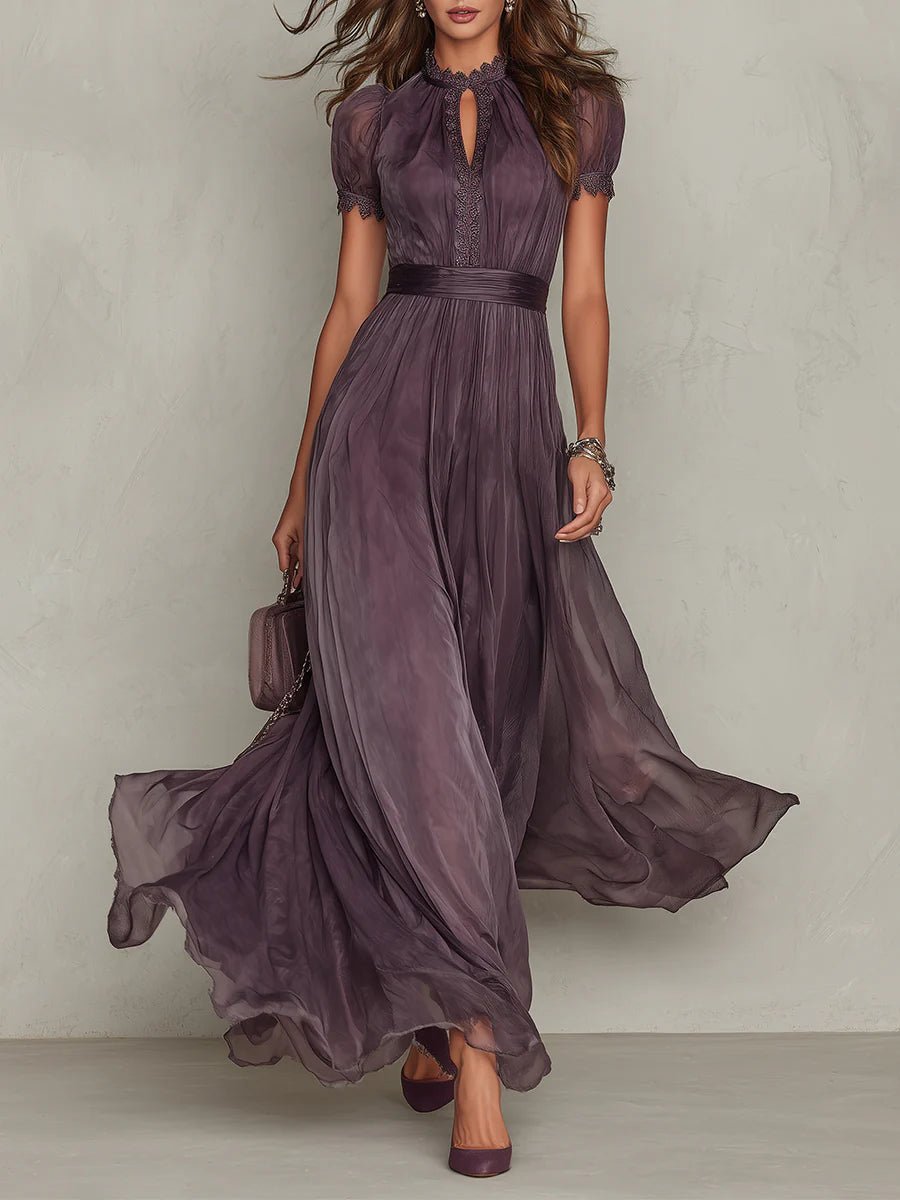 Maxi Dress Keyhole Neckline Short Puff Sleeves Flowing - Purple