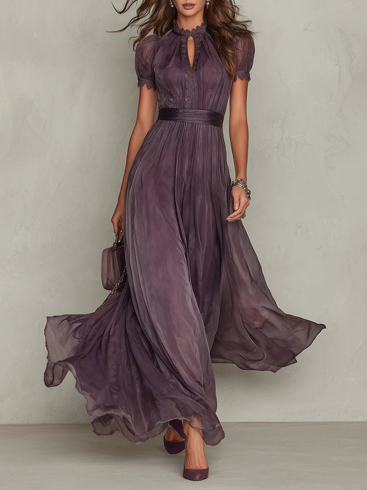 Maxi Dress Keyhole Neckline Short Puff Sleeves Flowing - Purple