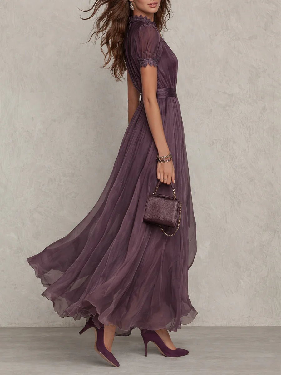 Maxi Dress Keyhole Neckline Short Puff Sleeves Flowing