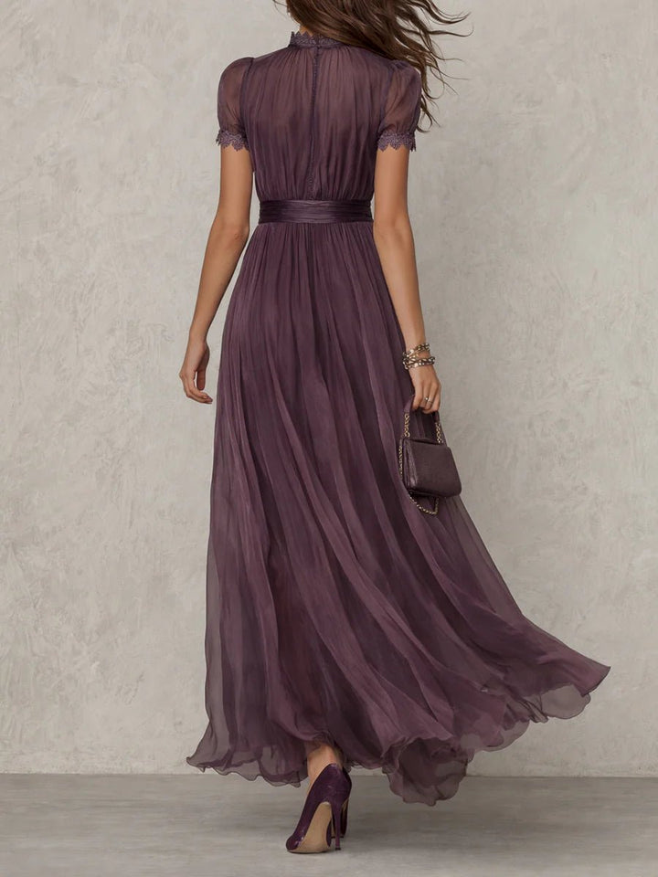 Maxi Dress Keyhole Neckline Short Puff Sleeves Flowing