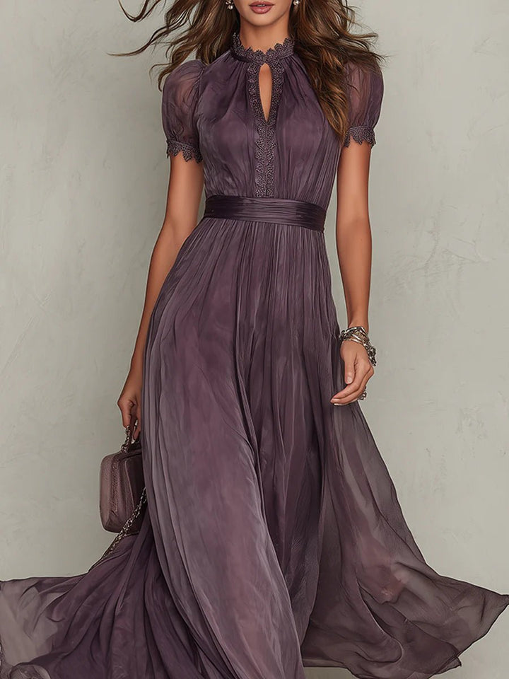Maxi Dress Keyhole Neckline Short Puff Sleeves Flowing