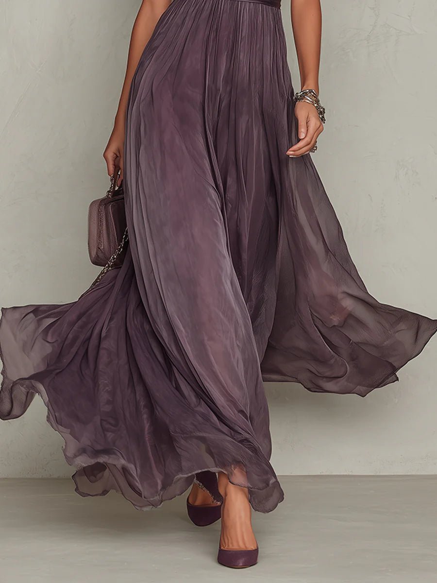 Maxi Dress Keyhole Neckline Short Puff Sleeves Flowing