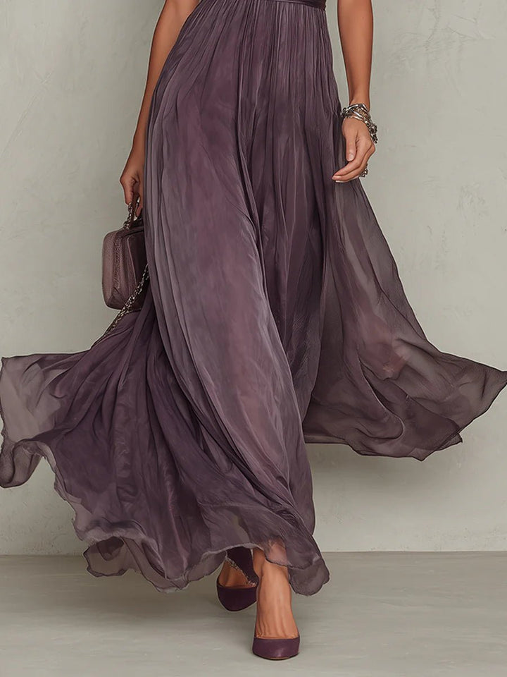 Maxi Dress Keyhole Neckline Short Puff Sleeves Flowing