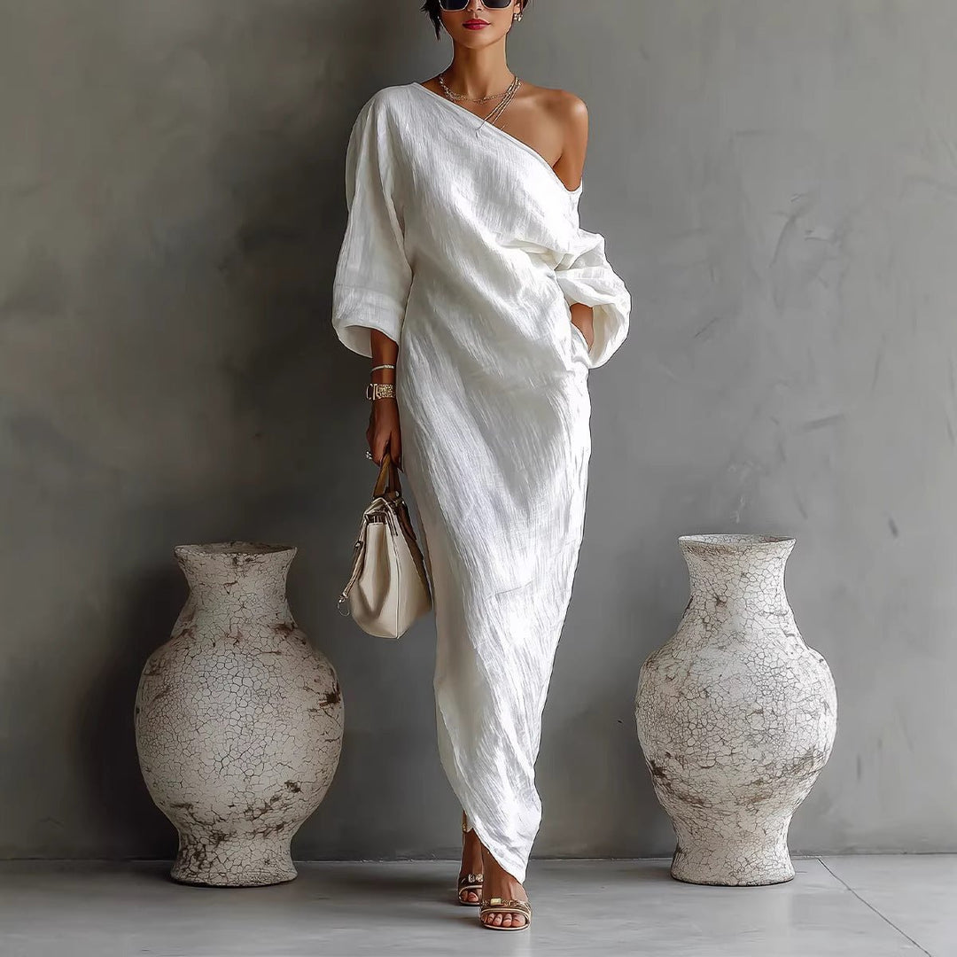 Maxi Dress Off Shoulder Linen Blend Lantern Sleeve Loose Fit - White