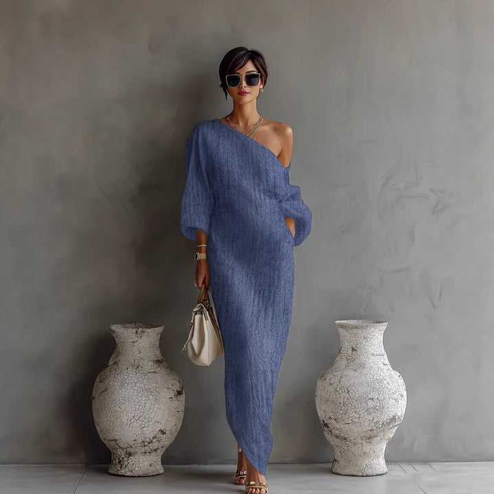 Maxi Dress Off Shoulder Linen Blend Lantern Sleeve Loose Fit - blue