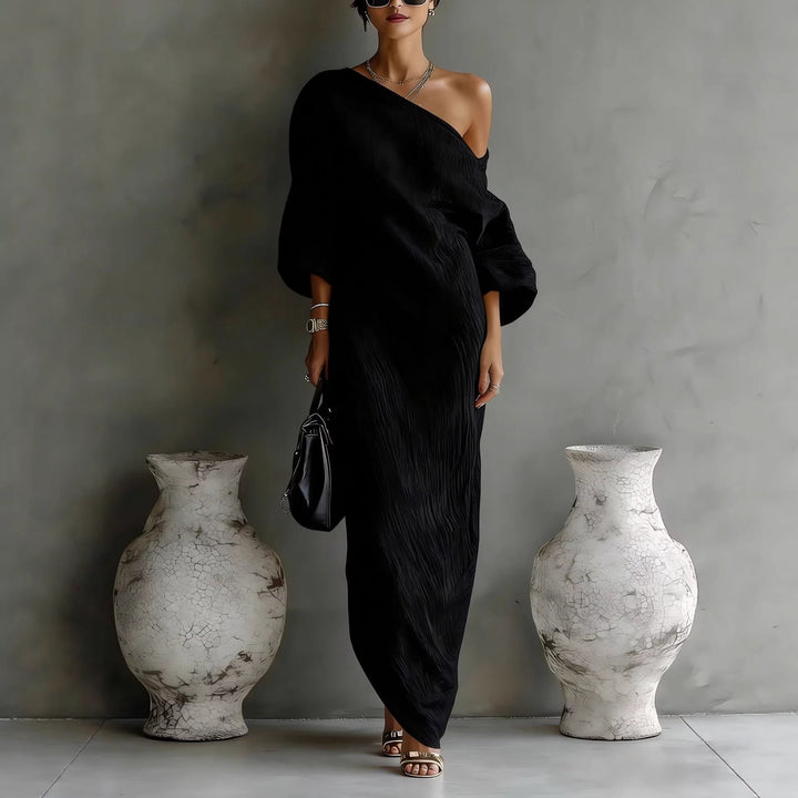 Maxi Dress Off Shoulder Linen Blend Lantern Sleeve Loose Fit - Black