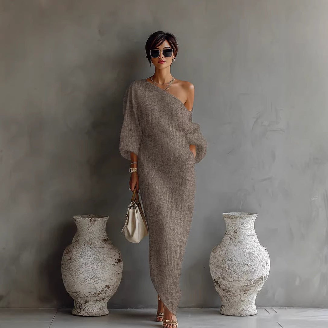 Maxi Dress Off Shoulder Linen Blend Lantern Sleeve Loose Fit - Gray