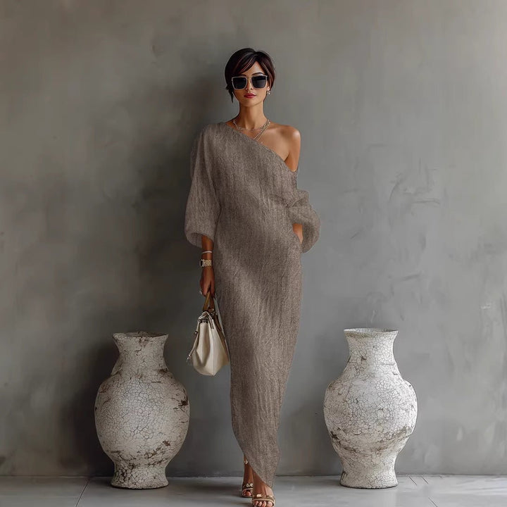 Maxi Dress Off Shoulder Linen Blend Lantern Sleeve Loose Fit - Gray