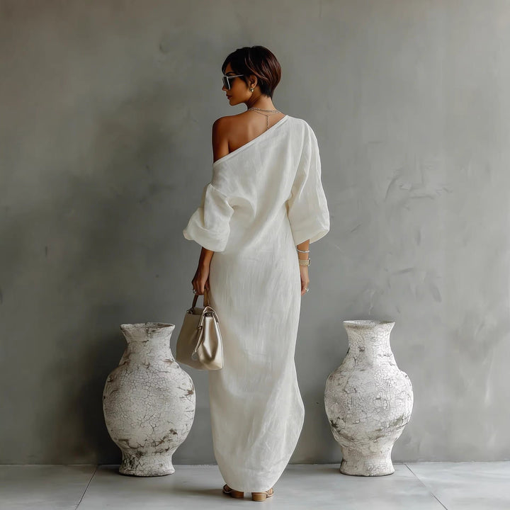 Maxi Dress Off Shoulder Linen Blend Lantern Sleeve Loose Fit