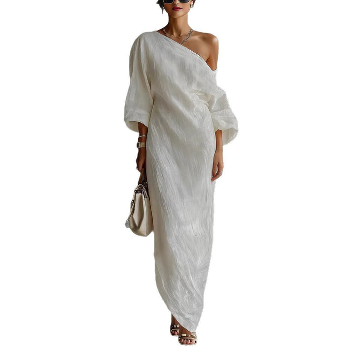 Maxi Dress Off Shoulder Linen Blend Lantern Sleeve Loose Fit