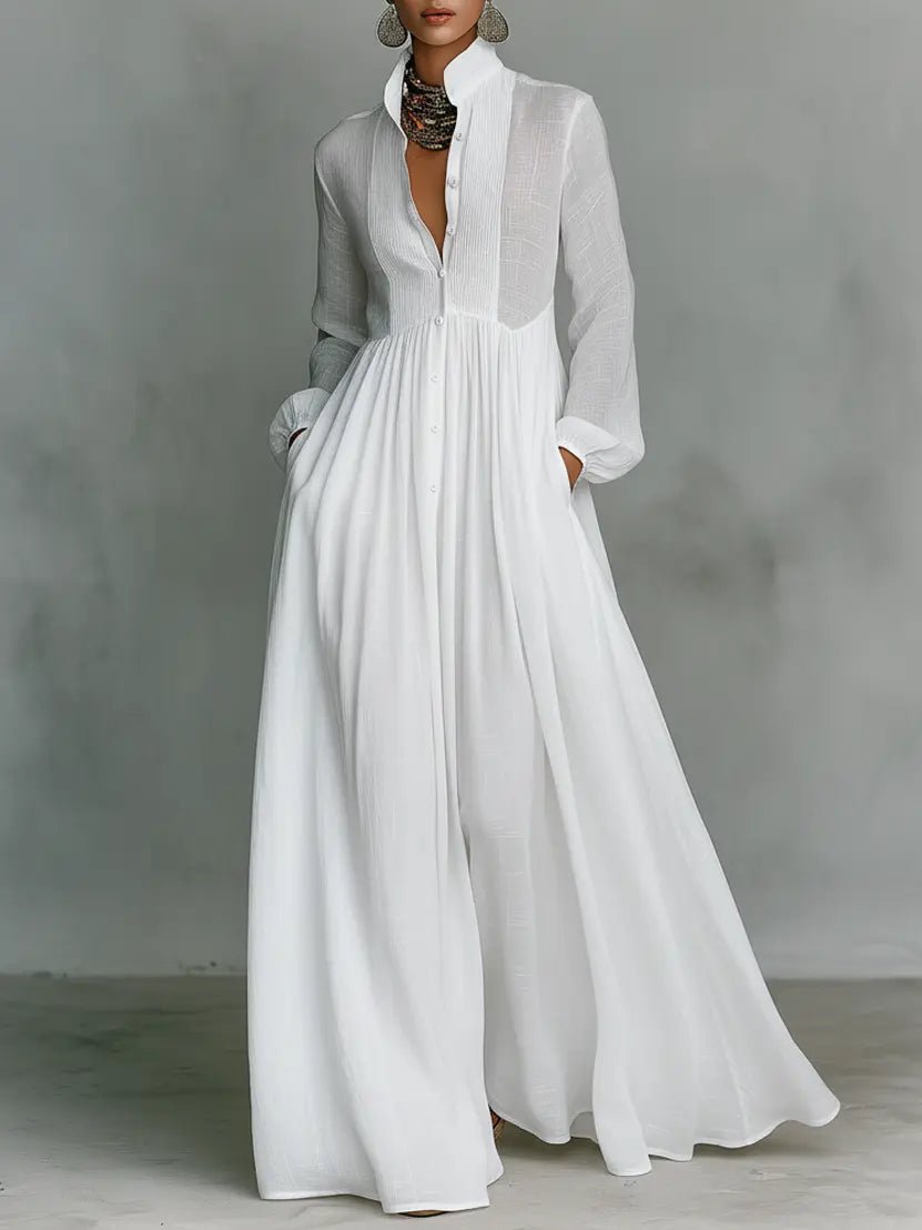 Maxi Dress Stand-Up Collar Cotton Linen Blend - White