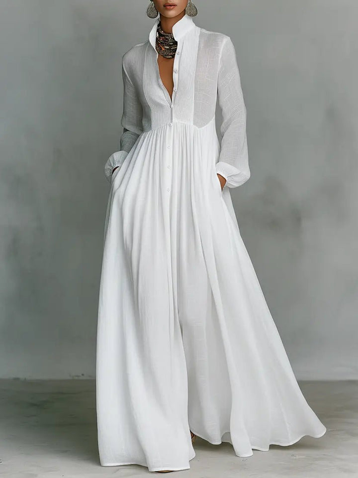 Maxi Dress Stand-Up Collar Cotton Linen Blend - White
