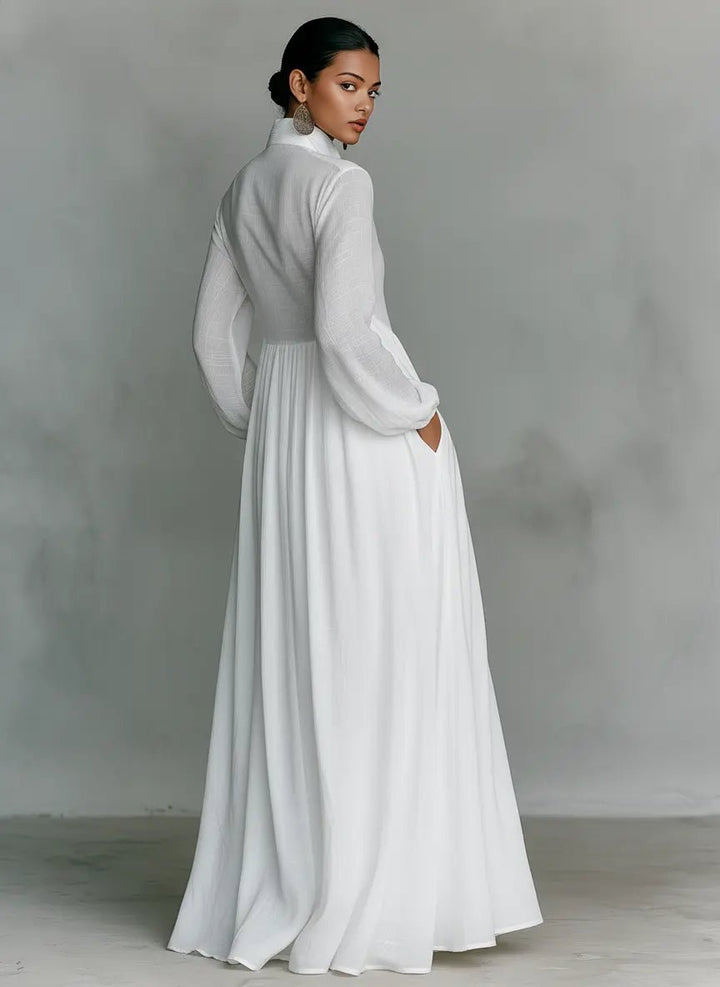 Maxi Dress Stand-Up Collar Cotton Linen Blend