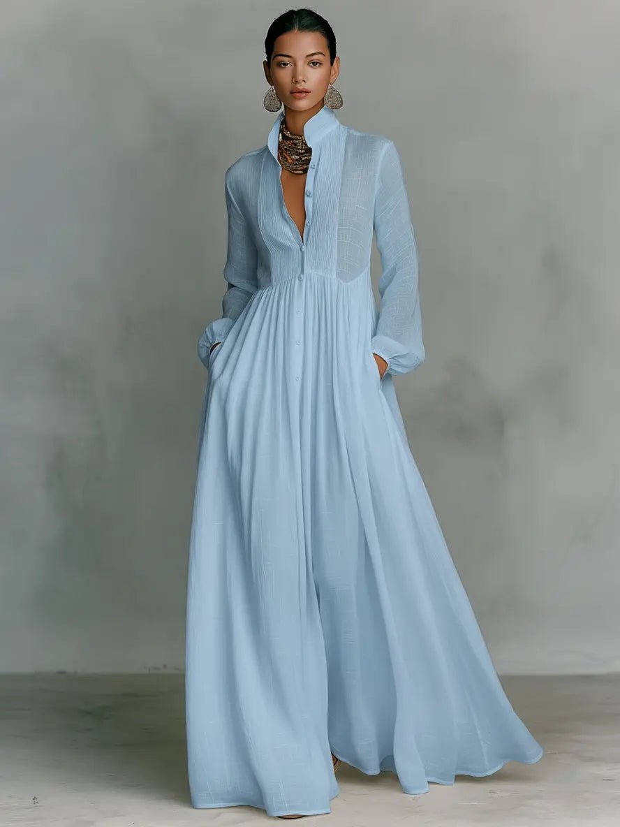 Maxi Dress Stand-Up Collar Cotton Linen Blend - Blue