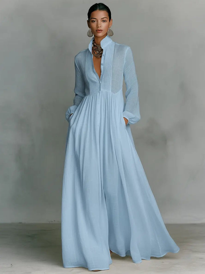 Maxi Dress Stand-Up Collar Cotton Linen Blend - Blue