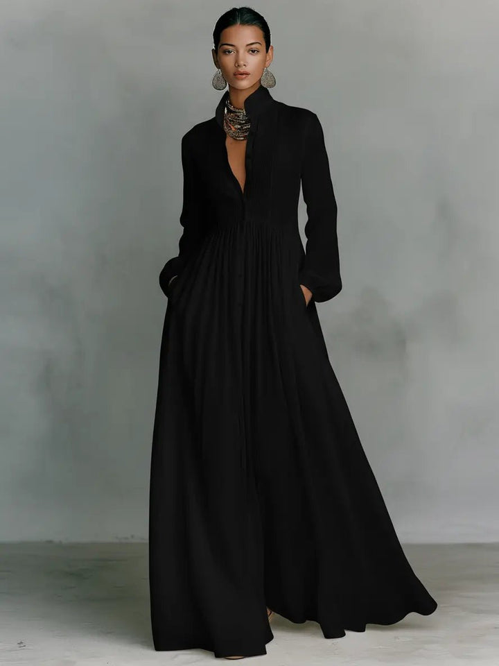 Maxi Dress Stand-Up Collar Cotton Linen Blend - Black