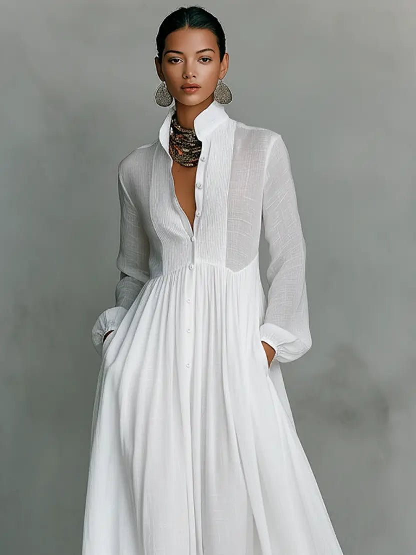 Maxi Dress Stand-Up Collar Cotton Linen Blend