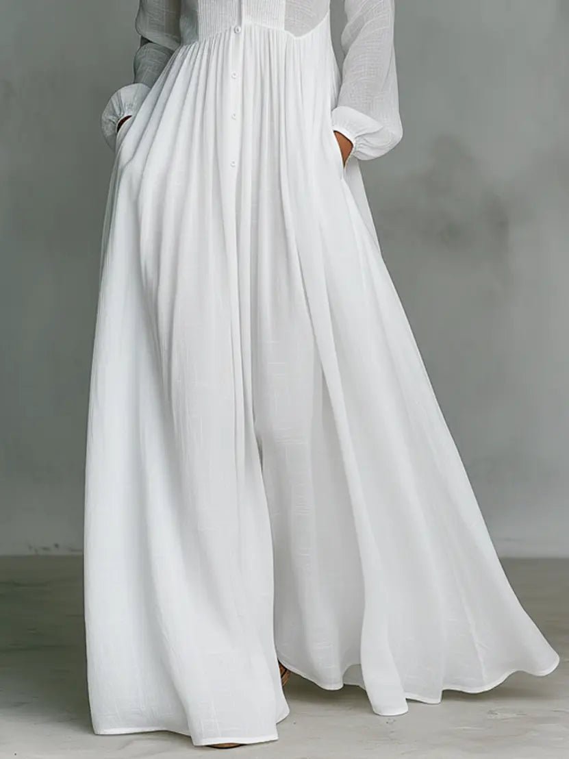 Maxi Dress Stand-Up Collar Cotton Linen Blend
