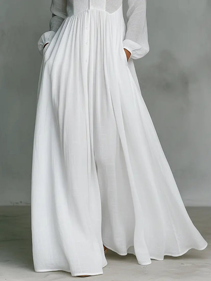 Maxi Dress Stand-Up Collar Cotton Linen Blend