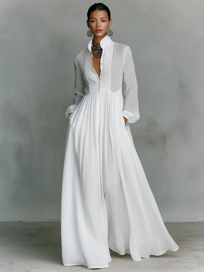 Maxi Dress Stand-Up Collar Cotton Linen Blend