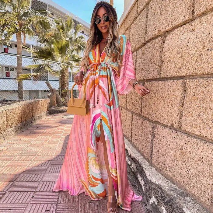Maxi Dress V-Neck Abstract Print Kimono Sleeve - Light Pink