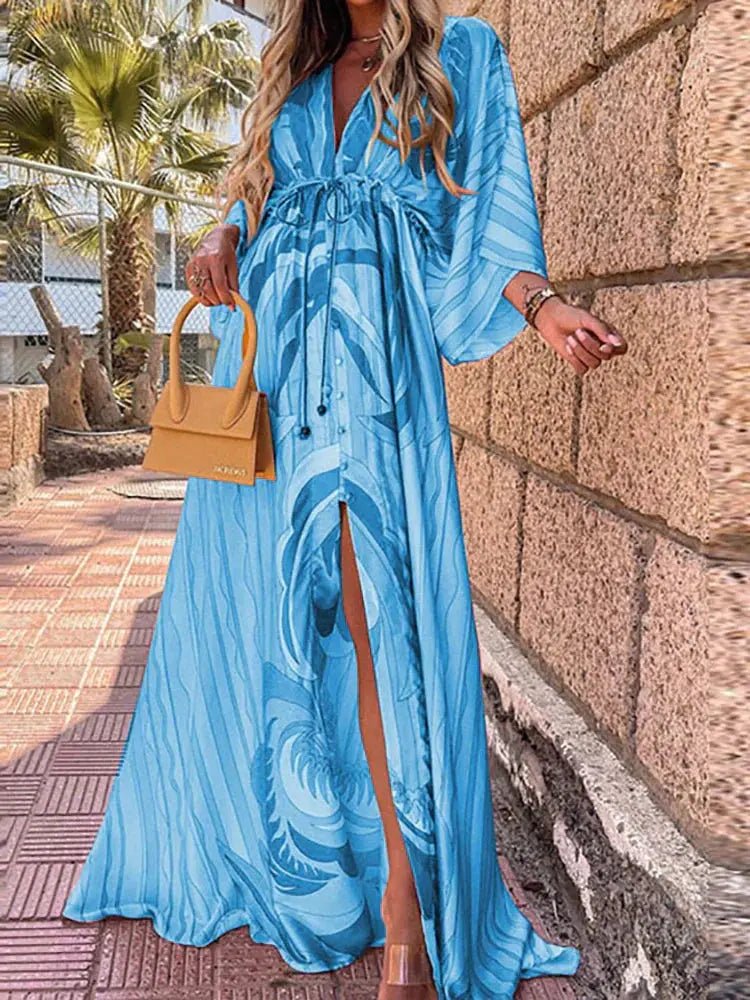 Maxi Dress V-Neck Abstract Print Kimono Sleeve - Blue