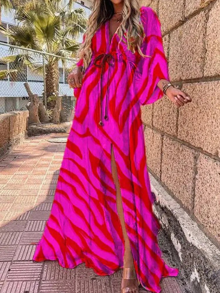 Maxi Dress V-Neck Abstract Print Kimono Sleeve - Rose Red
