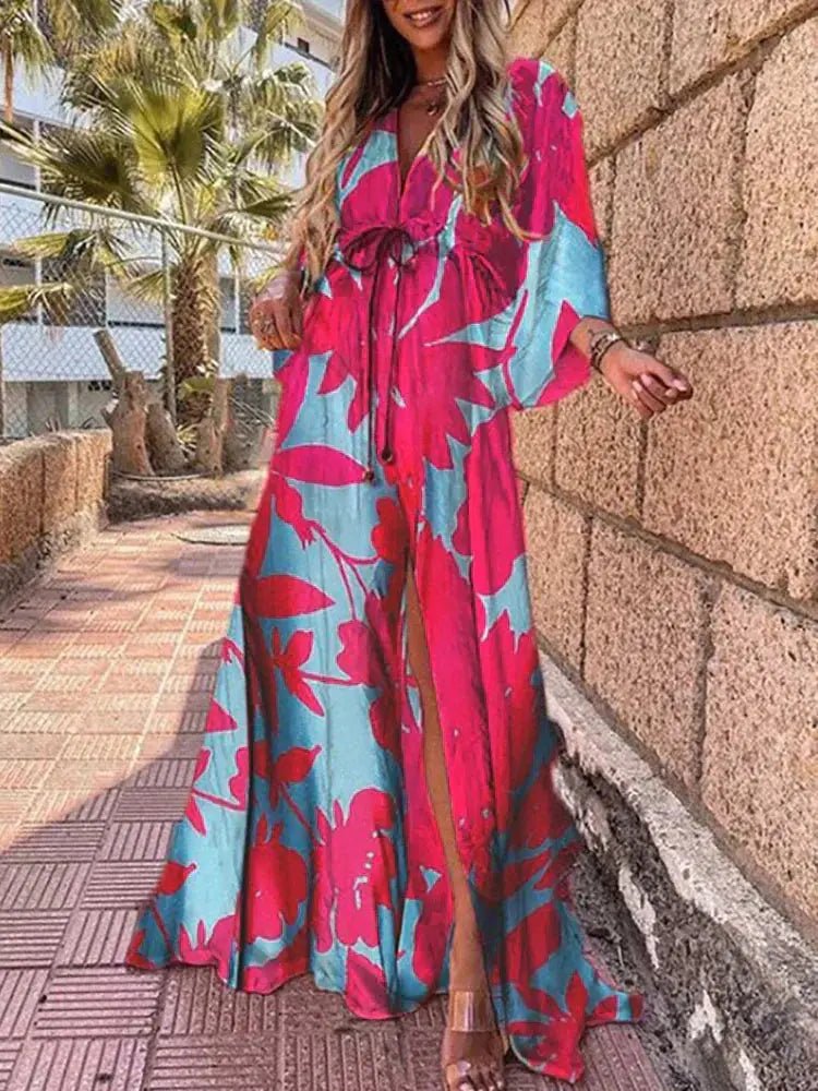 Maxi Dress V-Neck Abstract Print Kimono Sleeve - Blue-pink
