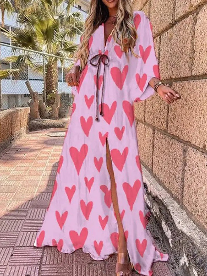 Maxi Dress V-Neck Abstract Print Kimono Sleeve - Rose