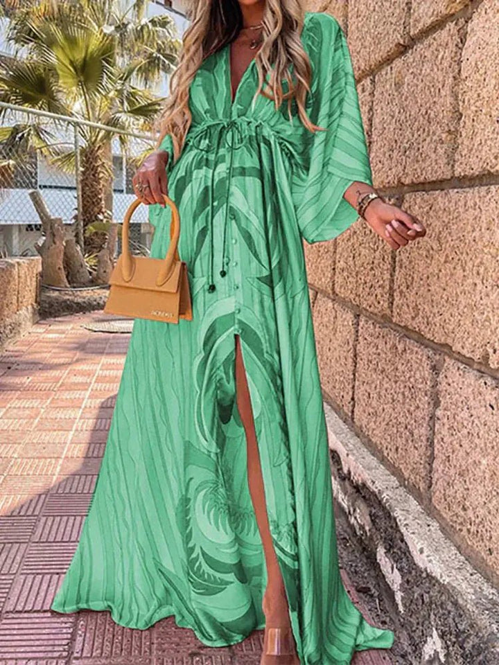 Maxi Dress V-Neck Abstract Print Kimono Sleeve - Green