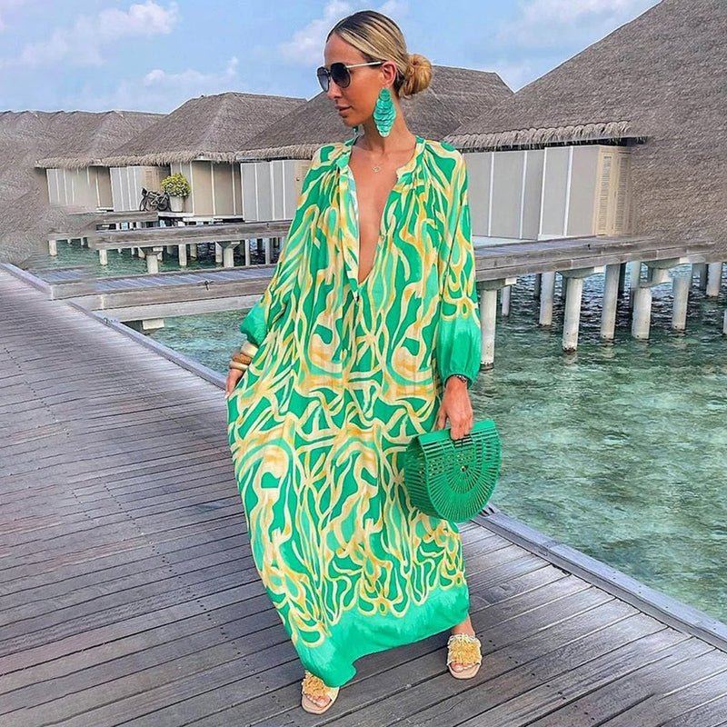 Maxi Kaftan Dress Abstract Print Flowing Beach Cover - Green