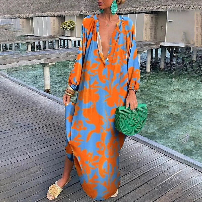 Maxi Kaftan Dress Abstract Print Flowing Beach Cover - Orange