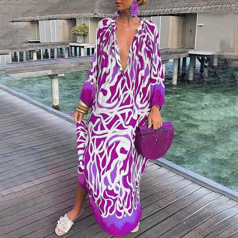 Maxi Kaftan Dress Abstract Print Flowing Beach Cover