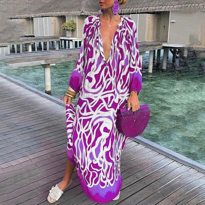 Maxi Kaftan Dress Abstract Print Flowing Beach Cover