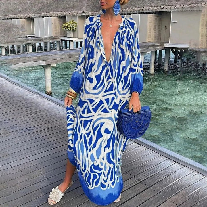 Maxi Kaftan Dress Abstract Print Flowing Beach Cover - Blue