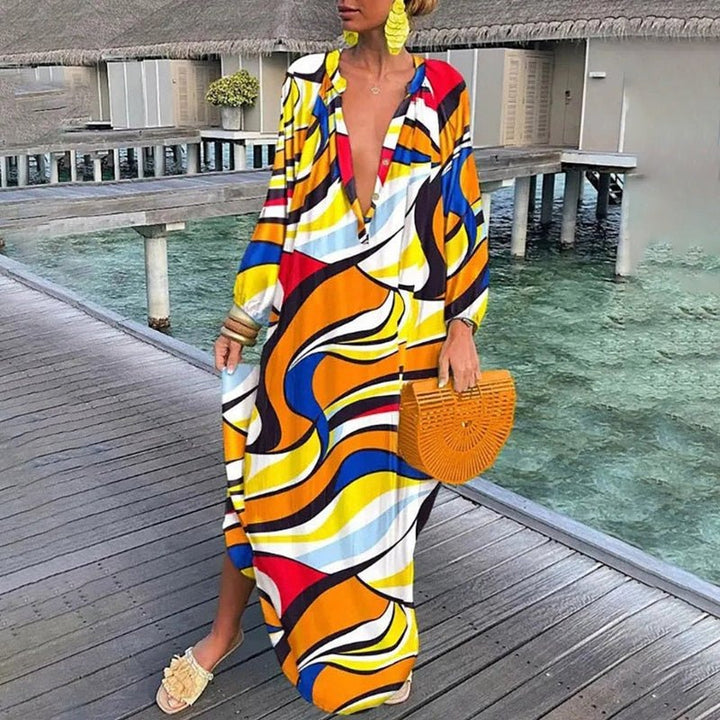 Maxi Kaftan Dress Abstract Print Flowing Beach Cover