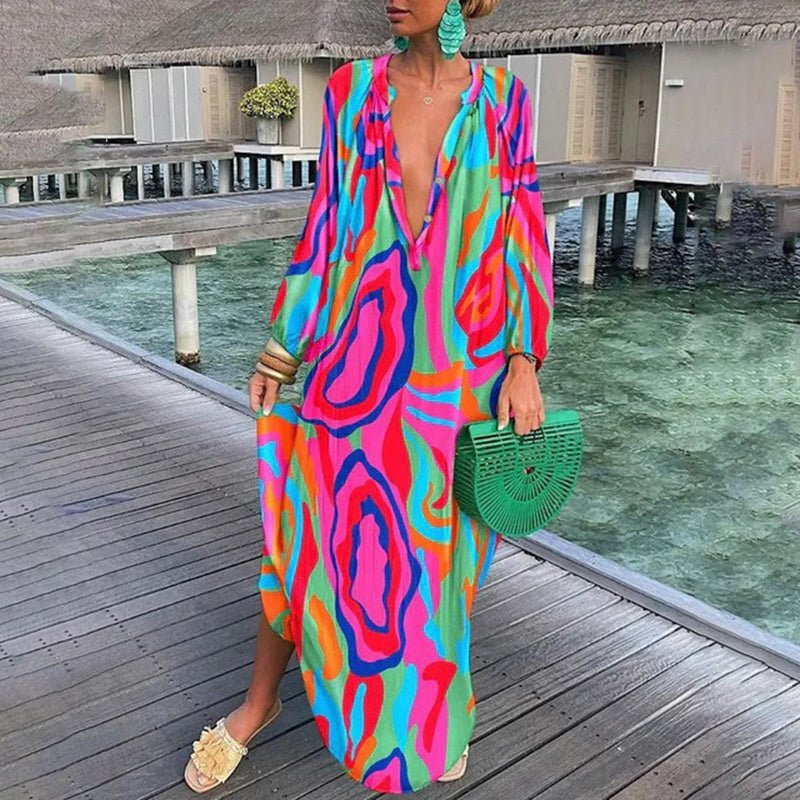 Maxi Kaftan Dress Abstract Print Flowing Beach Cover - Pink
