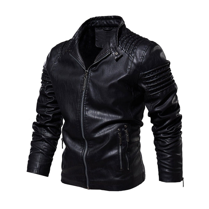Men's Biker Faux Leather Jacket Structured Shoulder Zip-Up - Black