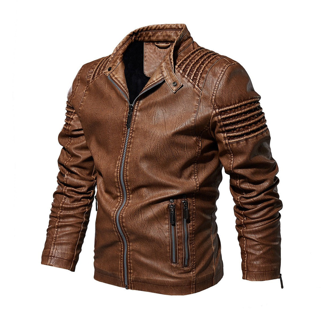 Men's Biker Faux Leather Jacket Structured Shoulder Zip-Up - Khaki
