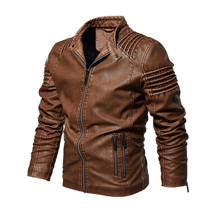 Men's Biker Faux Leather Jacket Structured Shoulder Zip-Up - Khaki