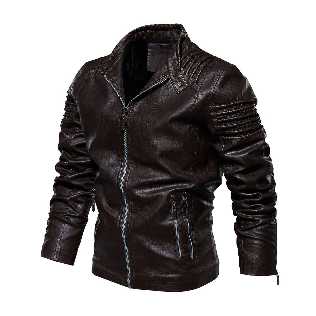 Men's Biker Faux Leather Jacket Structured Shoulder Zip-Up - Brown