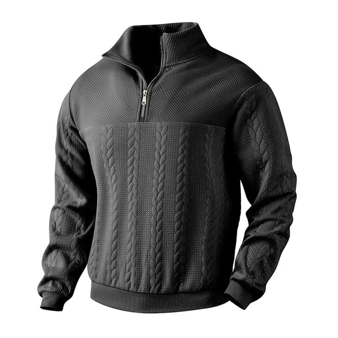 Men's Cable Knit Sweater Quarter-Zip Pullover Jumper - Black