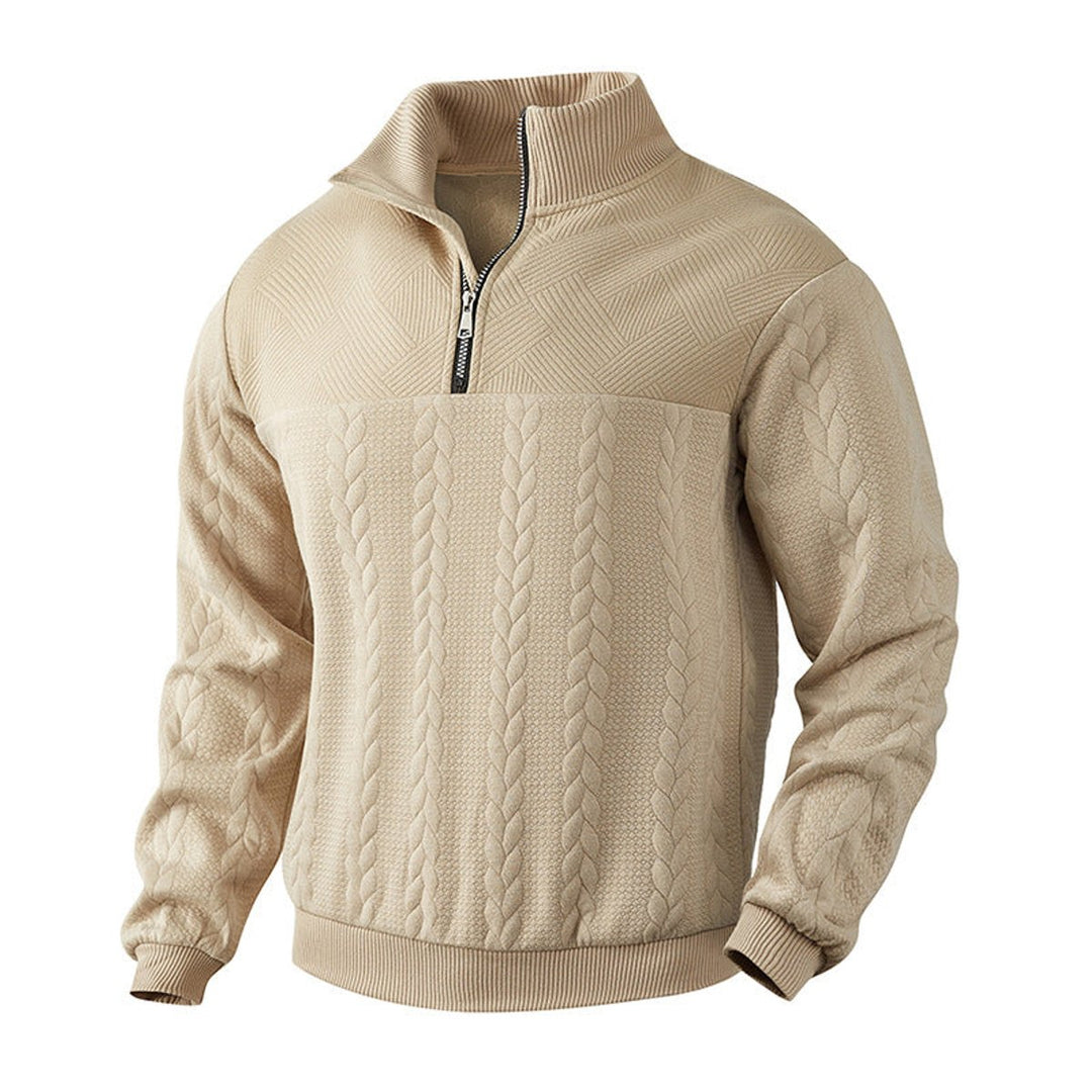 Men's Cable Knit Sweater Quarter-Zip Pullover Jumper - Beige