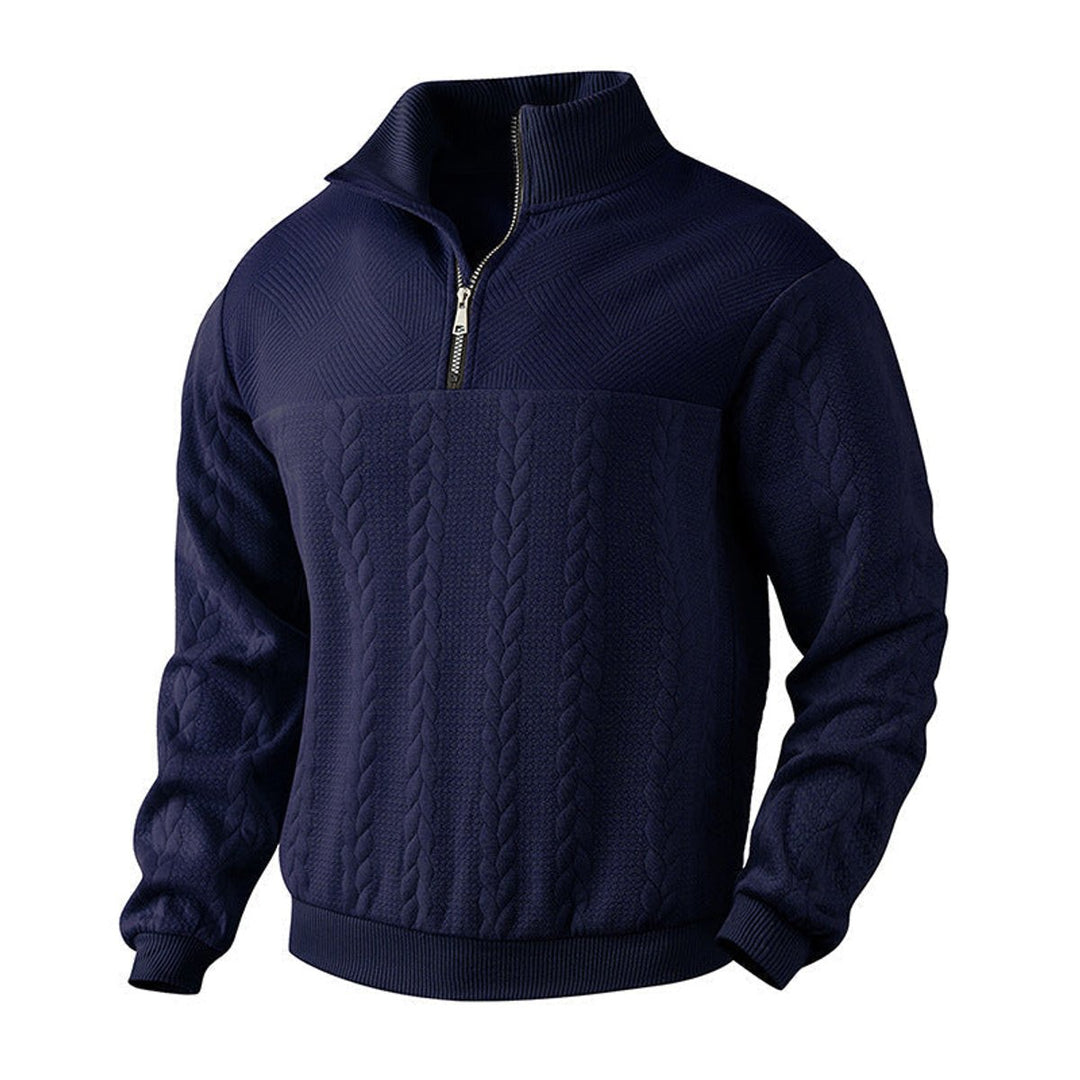 Men's Cable Knit Sweater Quarter-Zip Pullover Jumper - Navy Blue
