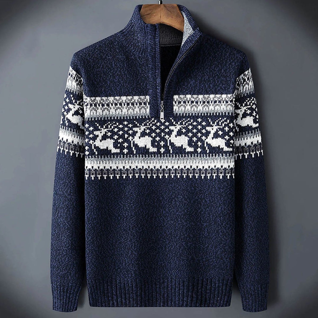 Mens Cardigan Fair Isle Half-Zip Ribbed Knit Jumper - Blue
